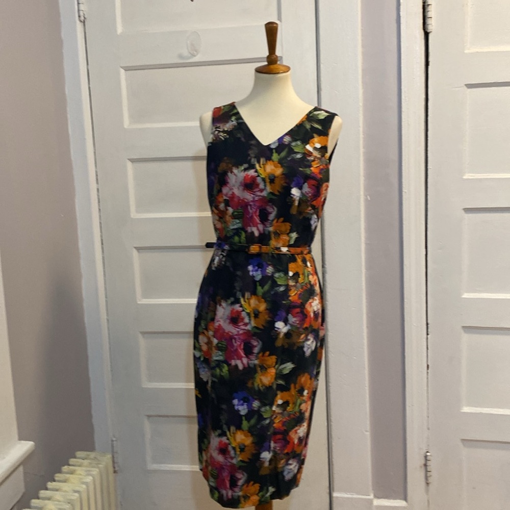David Meister Black Floral Sheath Dress with Multicolor Blooms